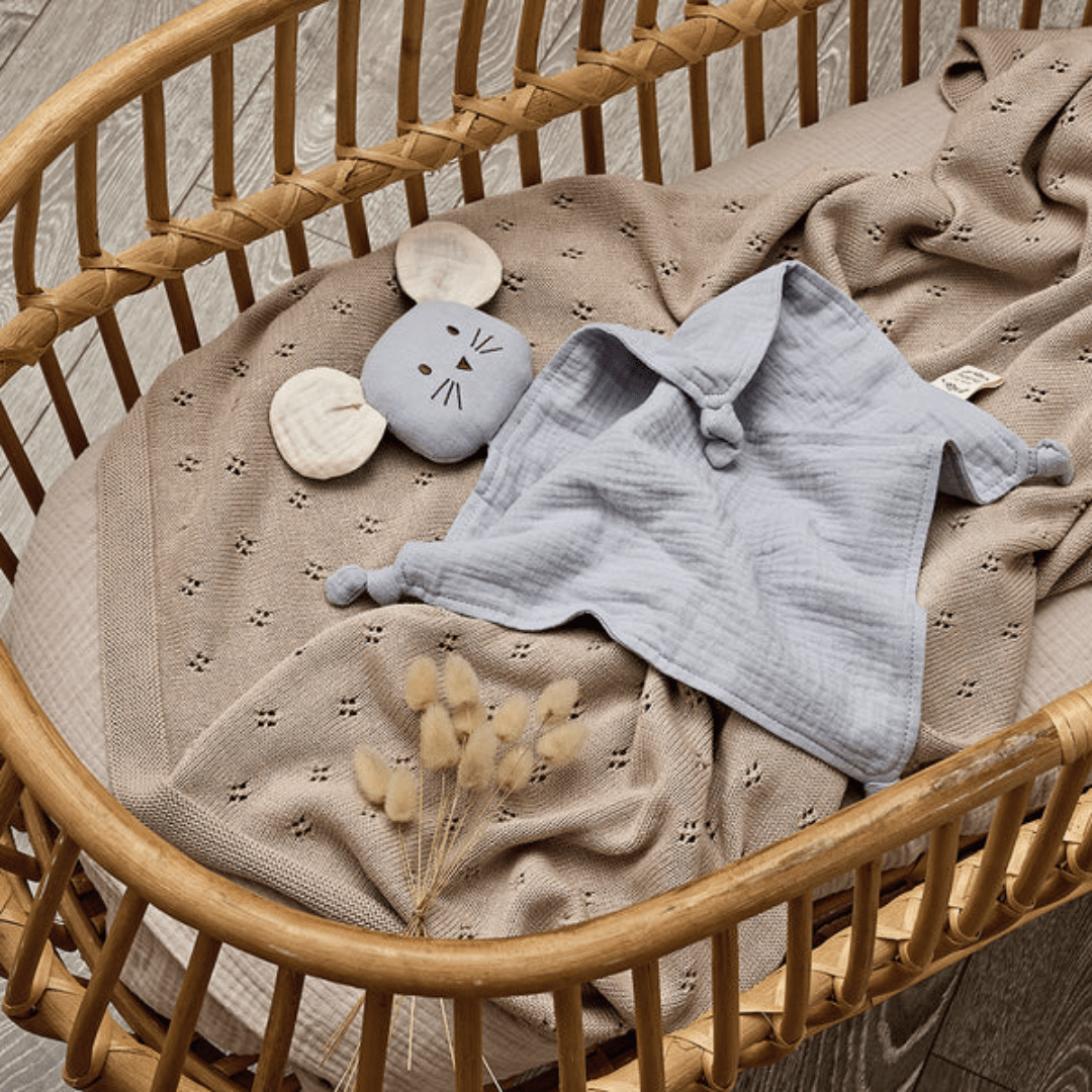 Flatlay-Of-Over-The-Dandelions-Organic-Muslin-Mouse-Comforter-Frost-Naked-Baby-Eco-Boutique