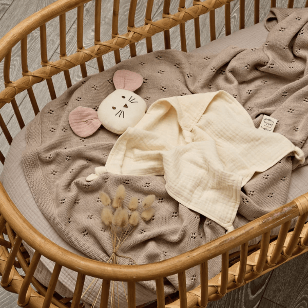 Flatlay-Of-Over-The-Dandelions-Organic-Muslin-Mouse-Comforter-Milk-Naked-Baby-Eco-Boutique