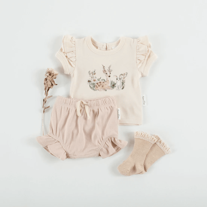 Flatlay-With-Rib-Shorts-Aster-And-Oak-Organic-Cotton-Prairie-Print-Flutter-Tee-Naked-Baby-Eco-Boutique