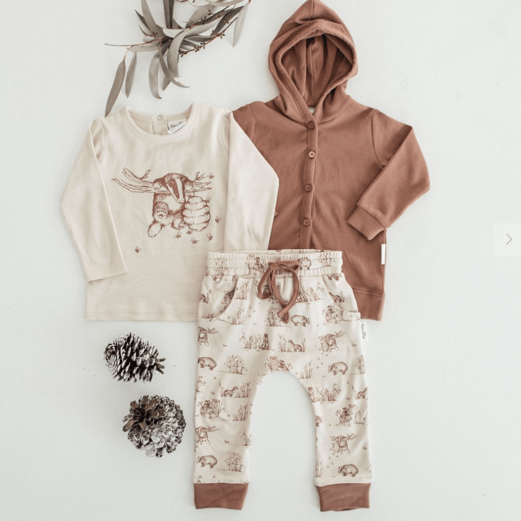 Flatlay-of-Aster-and-Oak-Organic-Long-Sleeve-Tee-Badger-Print-Naked-Baby-Eco-Boutique