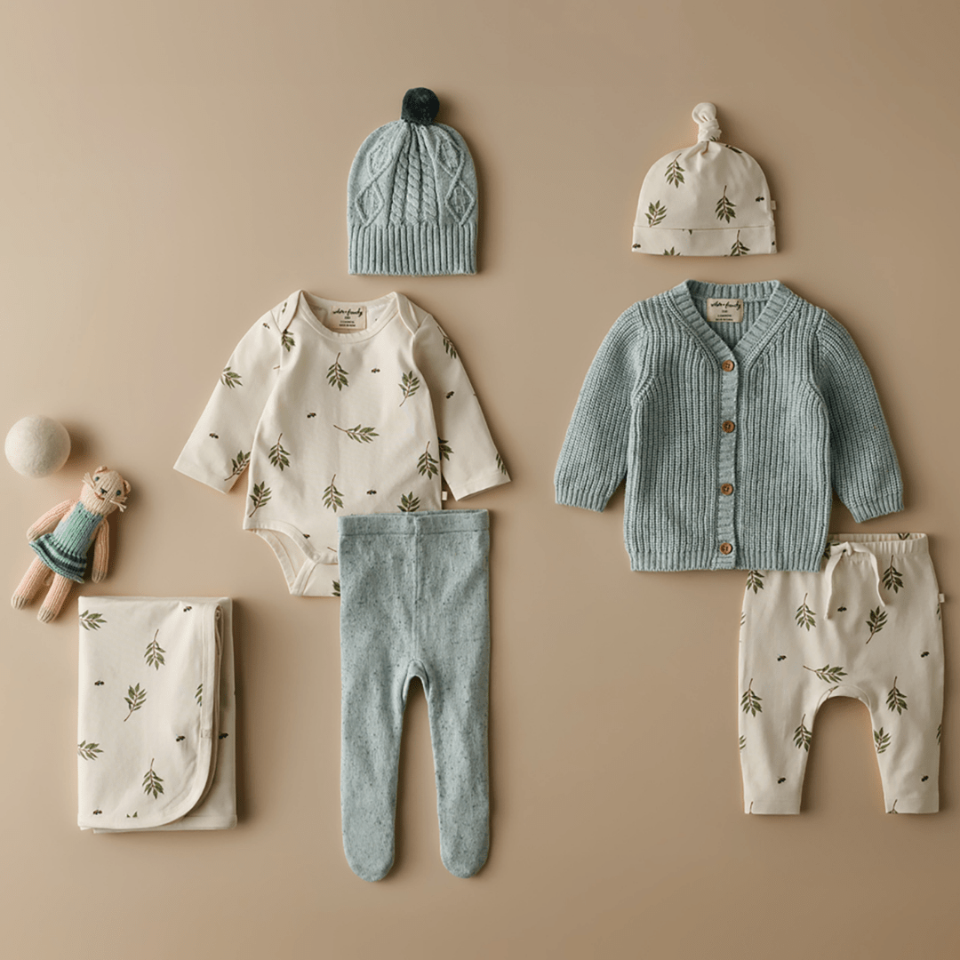 Flatlay-with-Wilson-and-Frenchy-Cable-Knit-Hat-Mint-Fleck-Naked-Baby-Eco-Boutique