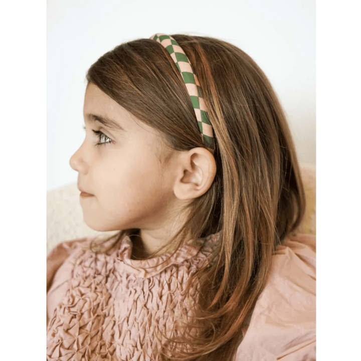Girl-Wearing-Checks-Grech-And-Co-Organic-Cotton-Headbands-Two-Pack-Checks-Sunset-And-Orchard-Naked-Baby-Eco-Boutique