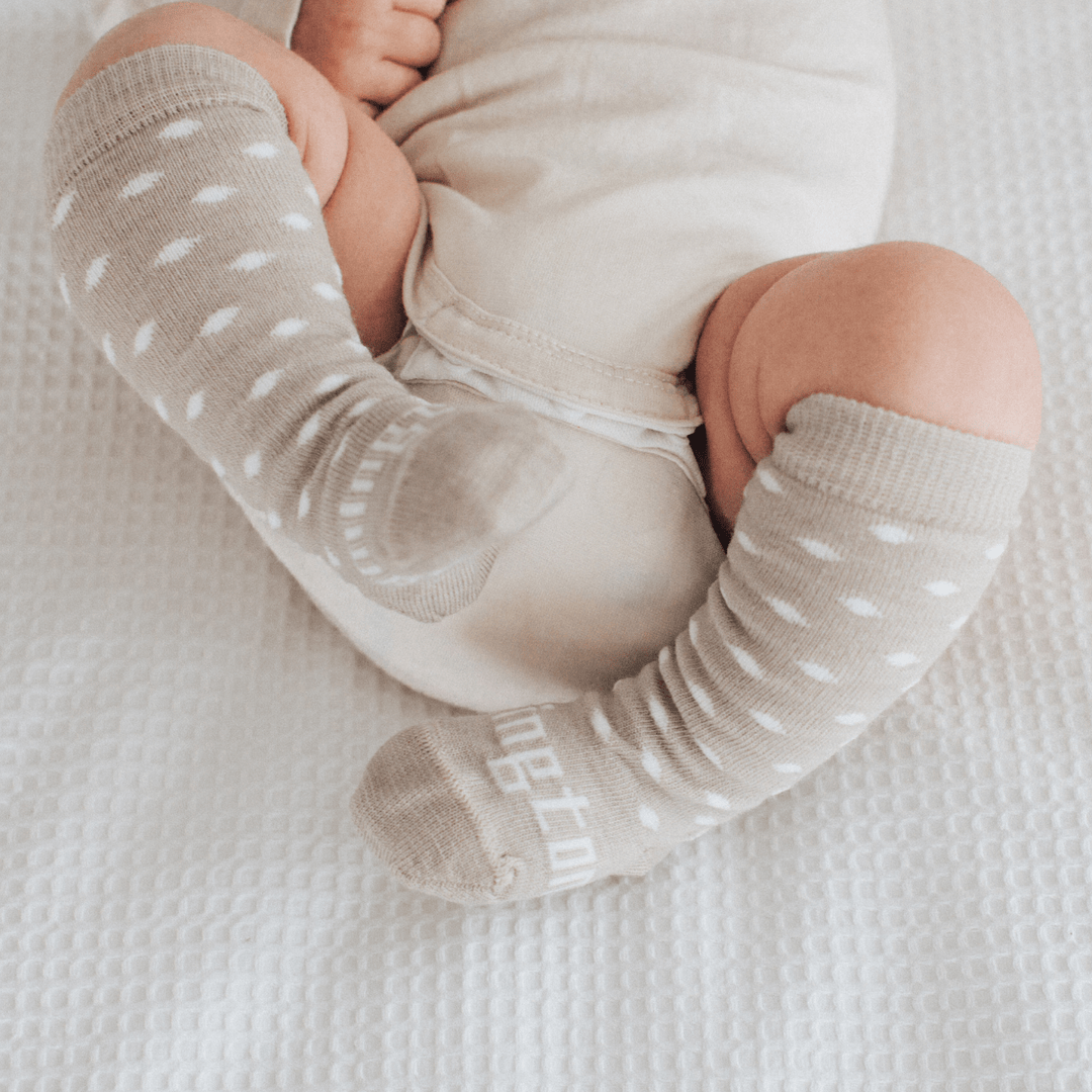 Truffle (Beige with White Dots) / Premie Lamington Merino Wool Socks - Newborn Naturals (Multiple Patterns) - Naked Baby Eco Boutique