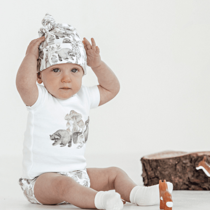 Little-Baby-Wearing-Matching-Hat-With-Aster-And-Oak-Organic-Cotton-Woodland-Print-Tee-Naked-Baby-Eco-Boutique