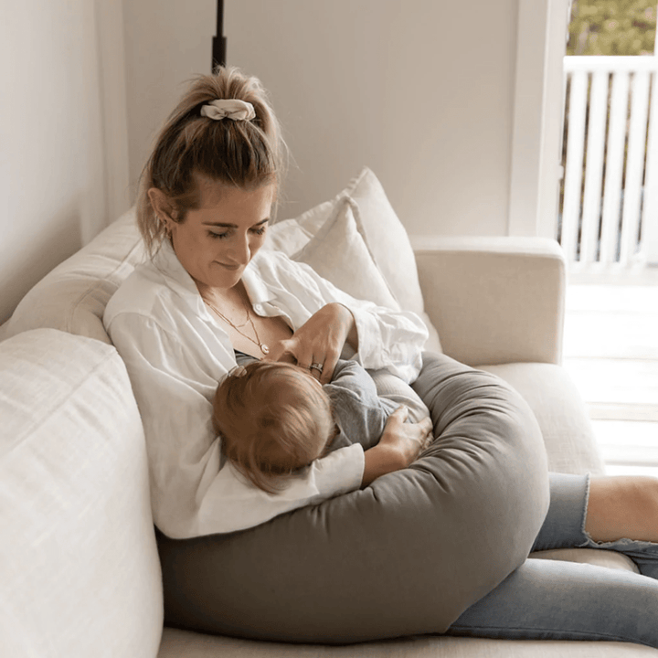 Mum-Feeding-Using-New-Edition-Memory-Foam-And-Linen-Pregnancy-And-Breastfeeding-Pillow-Olive-Naked-Baby-Eco-Boutique