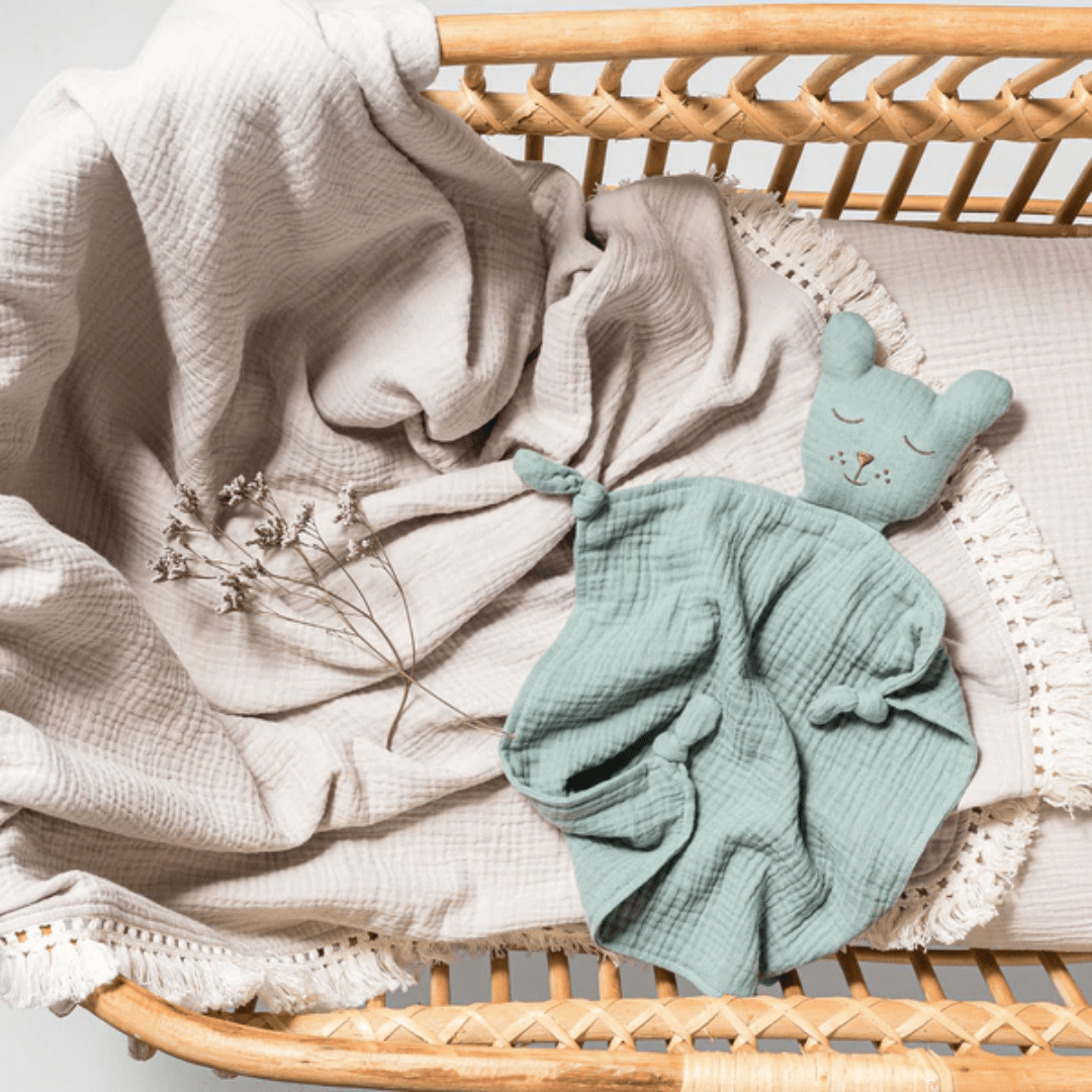 Over-The-Dandelions-Organic-Muslin-Bear-Comforter-Sage-In-Basket-Naked-Baby-Eco-Boutique