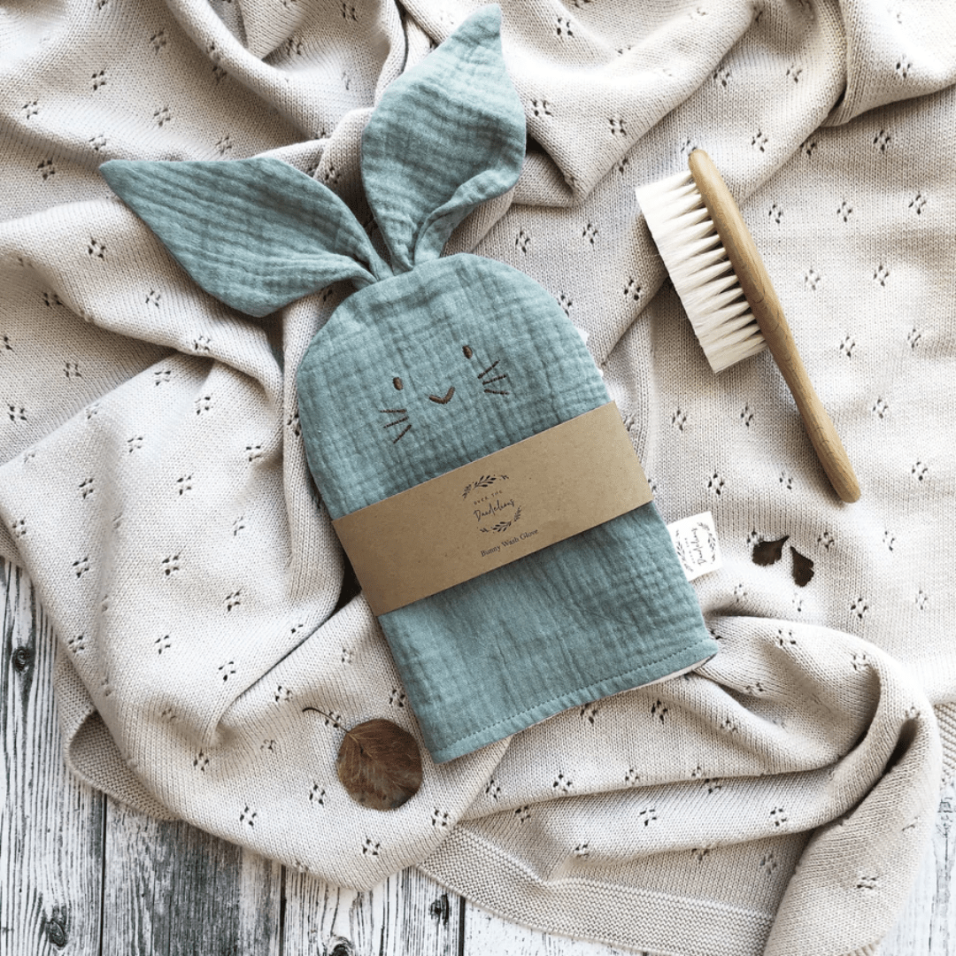 Over-The-Dandelions-Organic-Muslin-Bunny-Washcloth-Frost-Flatlay-Naked-Baby-Eco-Boutique