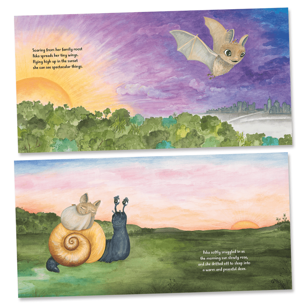 Two "Peka and Koro: Friends of the Forest" children's books featuring a snail and a bat, showcasing friendship and New Zealand creatures. (Brand Name: Kereru Books)