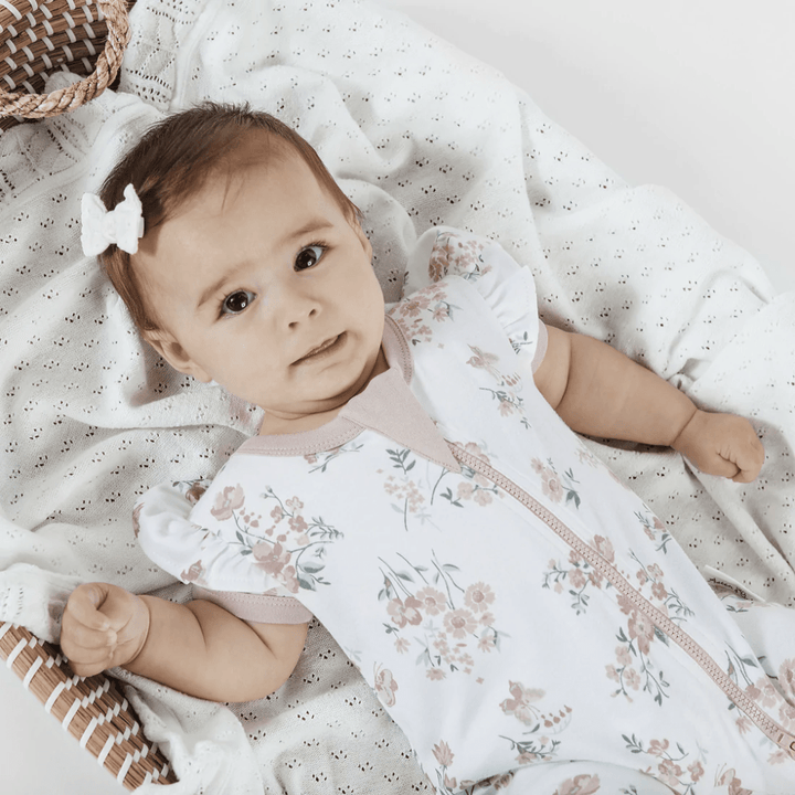 Pretty-Baby-Wearing-Aster-And-Oak-Organic-Cotton-Flutter-Sleeve-Zip-Romper-Primrose-Naked-Baby-Eco-Boutique