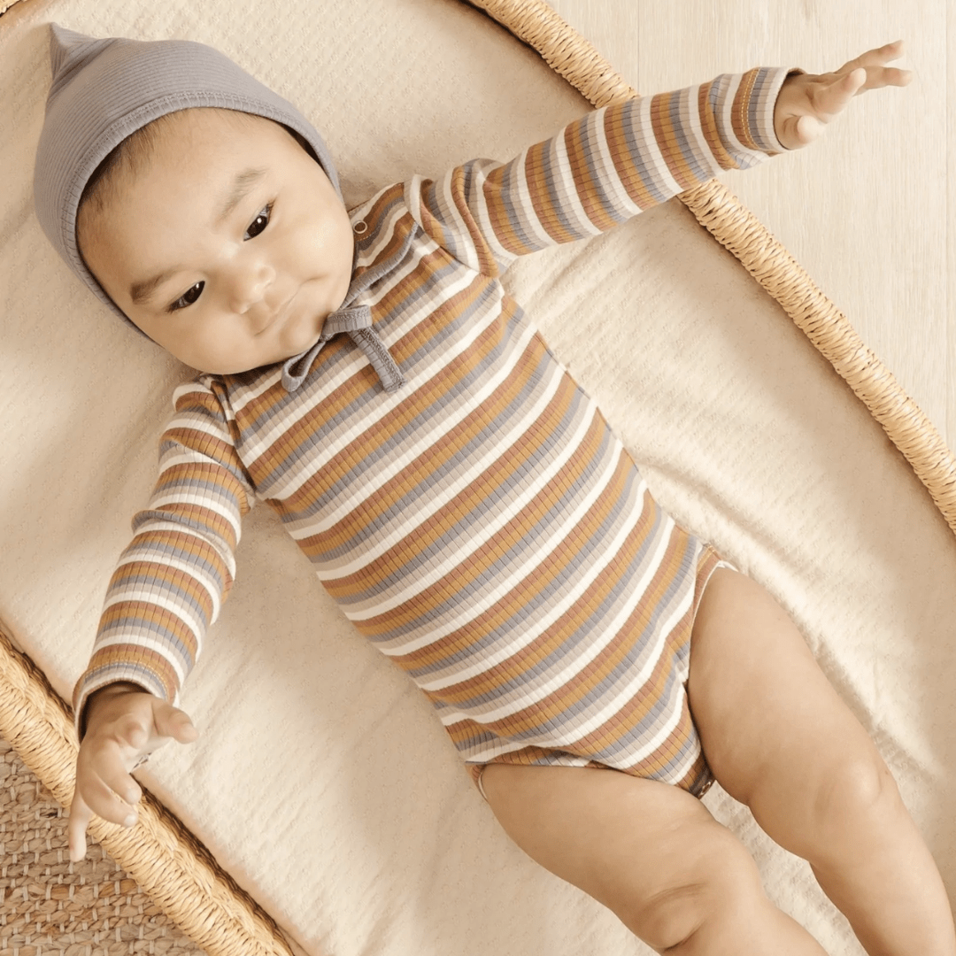 Quincy-Mae-Organic-Cotton-Ribbed-Long-Sleeve-Onesie-Multi-Stripe-On-Little-Baby-Naked-Baby-Eco-Boutique