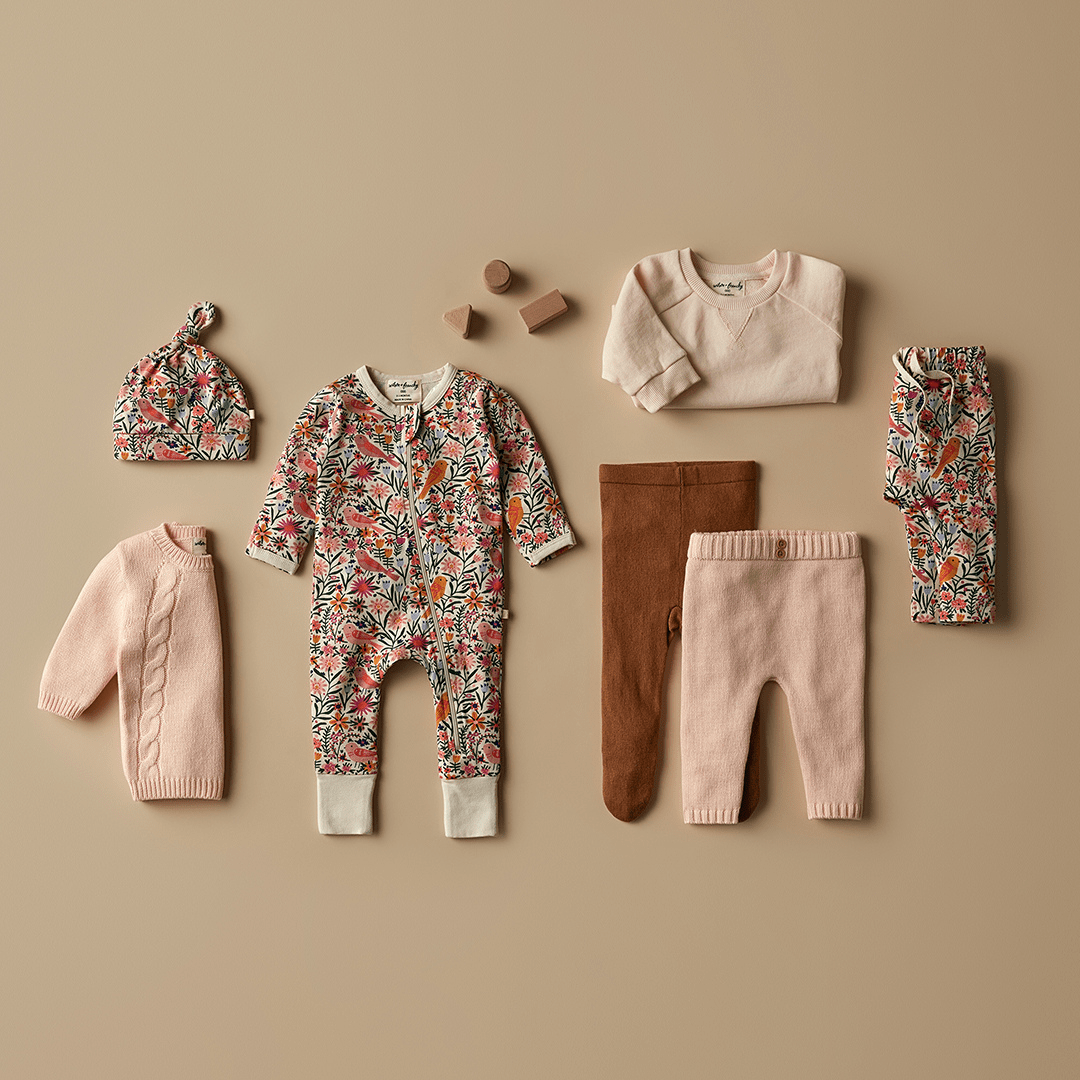 Styled-Flatlay-Of-Wilson-And-Frenchy-Organic-Cotton-Leggings-Birdy-Floral-Naked-Baby-Eco-Boutique