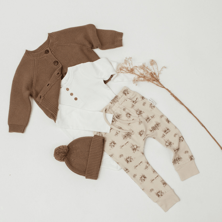 Styled-Flatlay-of-Aster-and-Oak-Organic-Cotton-Harem-Pants-Beaver-Naked-Baby-Eco-Boutique