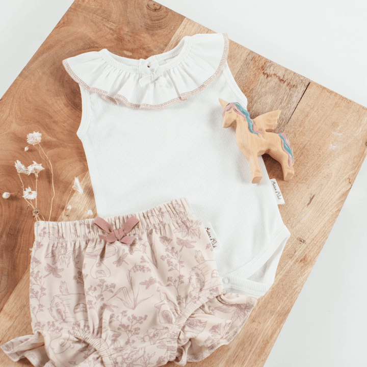 Styled-Flatlay-with-Aster-and-Oak-Organic-Ruffle-Bloomers-Fairy-Garden-Naked-Baby-Eco-Boutique