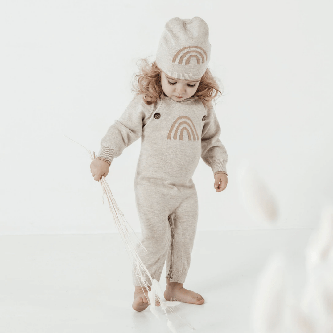 Toddler-Wearing-Aster-And-Oak-Organic-Marle-Rainbow-Beanie-Naked-Baby-Eco-Boutique