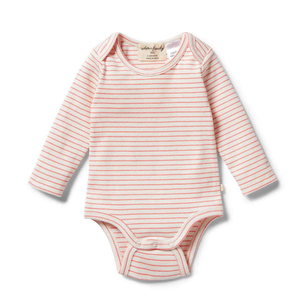 Wilson-and-Frenchy-Organic-Stripe-Rib-Onesie-Coral-Front-Naked-Baby-Eco-Boutique