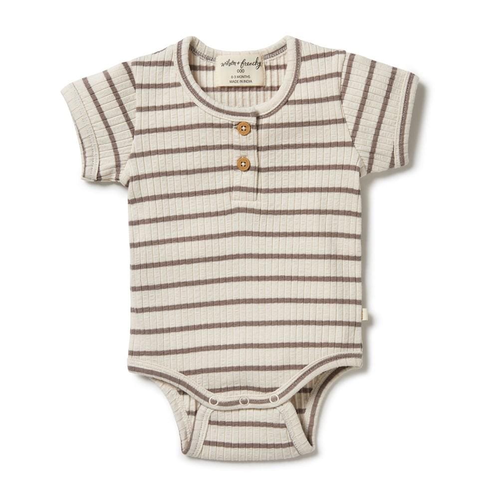 Hazelwood/Ecru / Newborn Wilson & Frenchy Organic Stripe Rib Onesie (Multiple Variants) - Naked Baby Eco Boutique