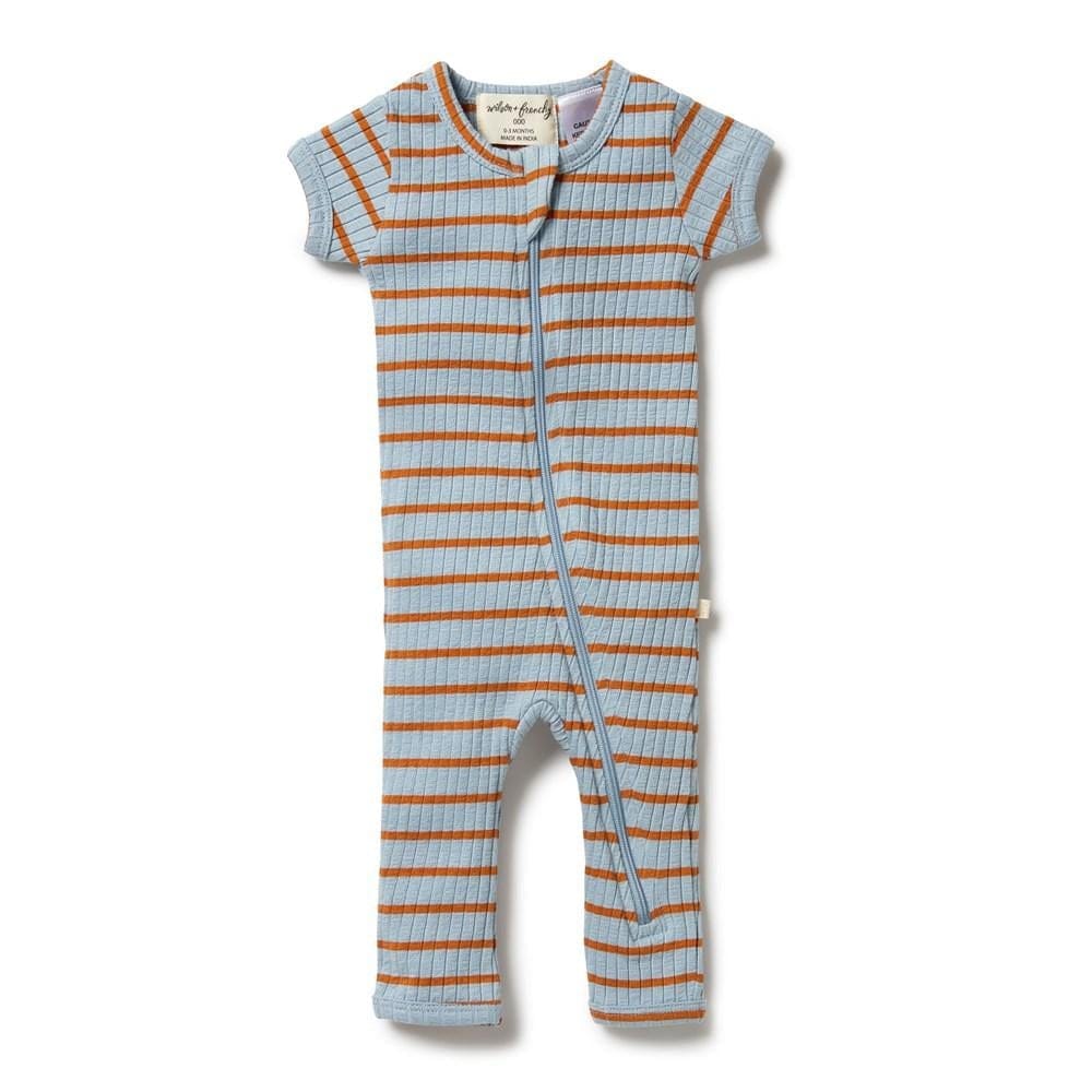 Anchor Blue/Rust / Newborn Wilson & Frenchy Organic Stripe Rib Zipsuit (Multiple Variants) - Naked Baby Eco Boutique