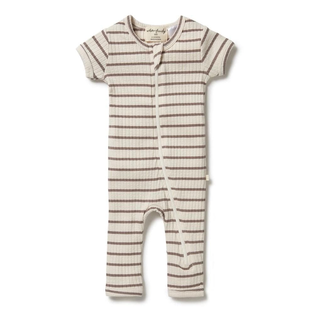 Hazelwood/Ecru / Newborn Wilson & Frenchy Organic Stripe Rib Zipsuit (Multiple Variants) - Naked Baby Eco Boutique