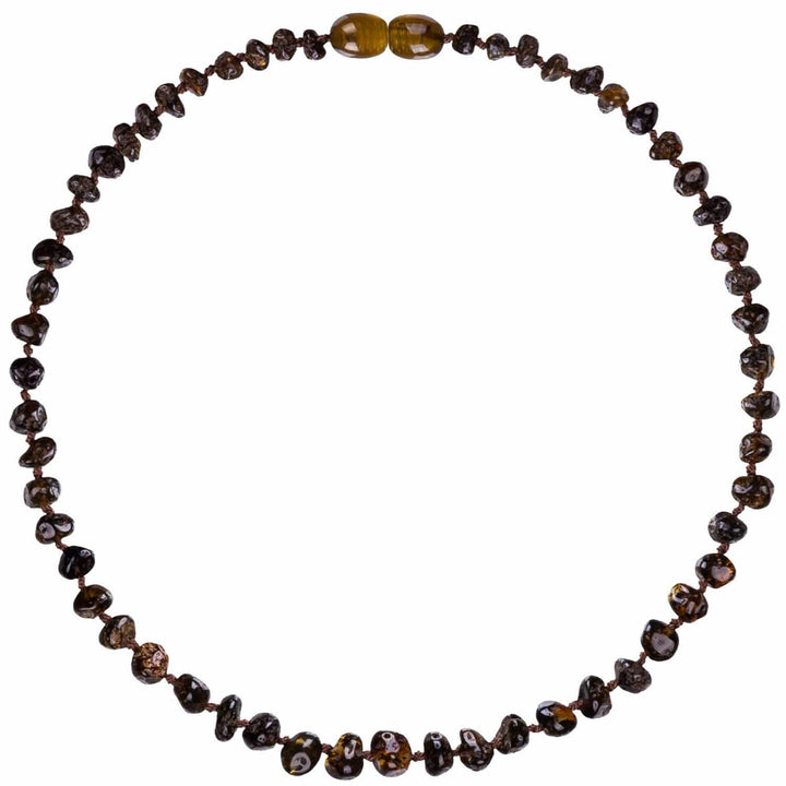 A Bambeado Amber Teething Necklace Pack with a brown bead and a yellow bead.