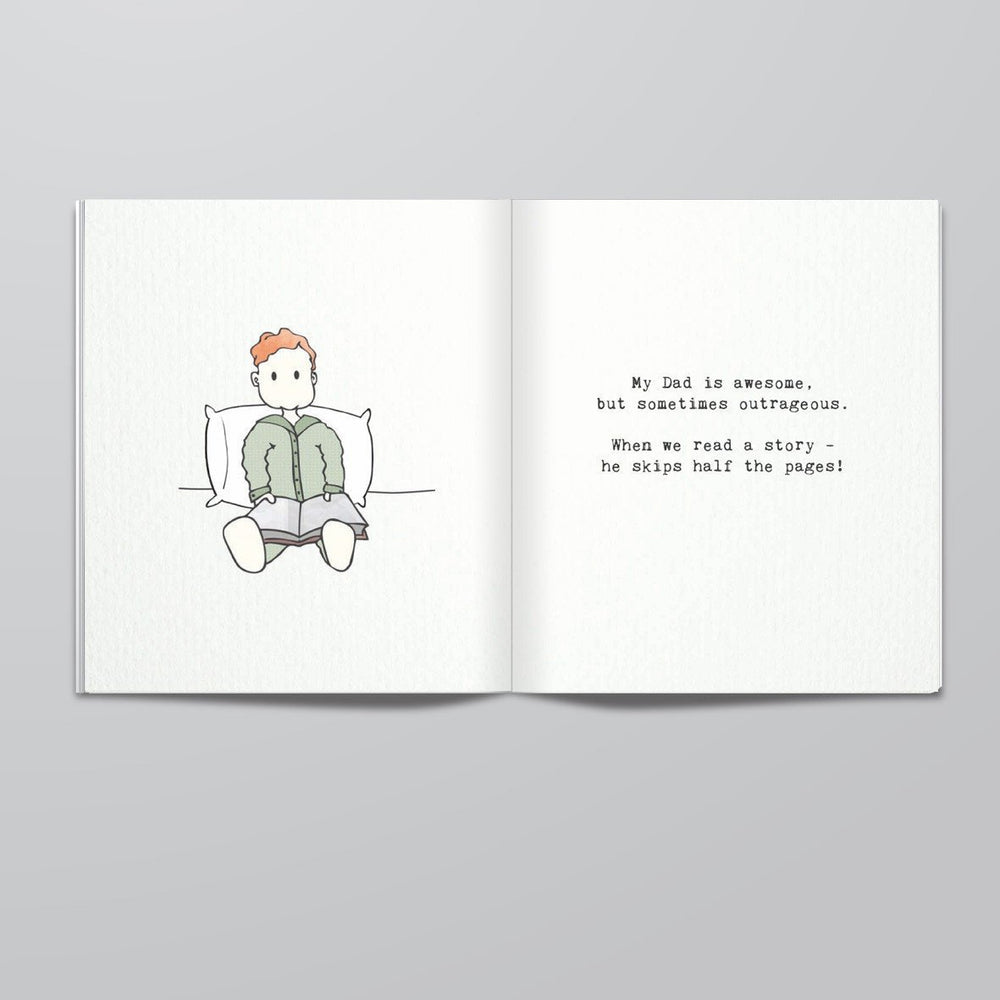 A "Dads Are So Awesome" book with an awesome illustration of a man reading, by Onemum Books.