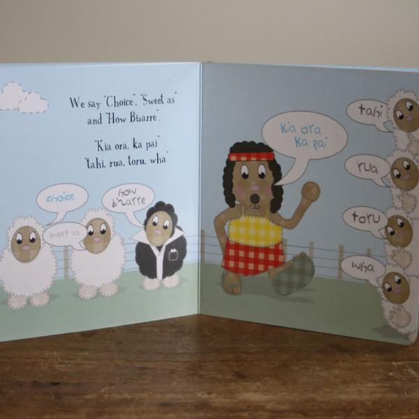 An "I'm From New Zealand" book by Onemum Books featuring sheep illustrations and a speech bubble.