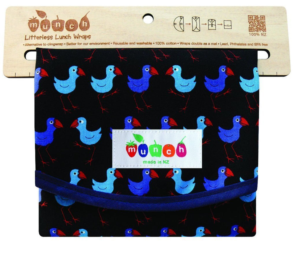 Munch Reusable Lunch Wrap with bird pattern and sustainable eco-friendly label.